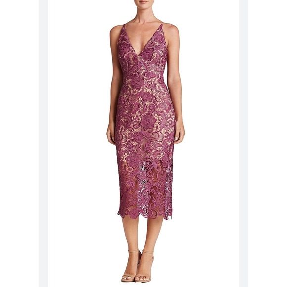 Dress The Population Womens Lace V Neck Sleeveless Midi Dress - Mulberry - Picture 1 of 8